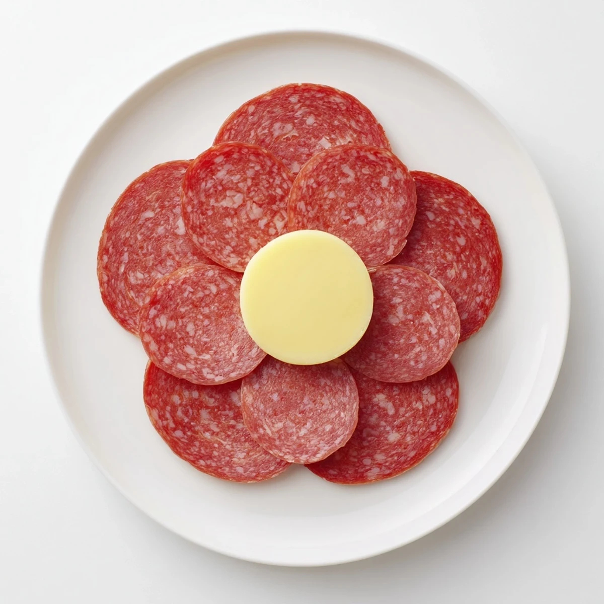 This simple, elegant Tudor Rose appetizer displays vibrant salami surrounding a yellow cheese rosette.