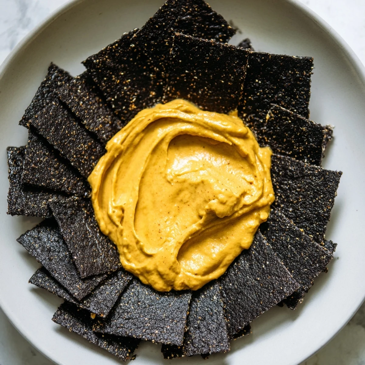 Enjoy The Midnight Sun, a vivid appetizer. The rich carrot dip contrasts dramatically against black crackers.