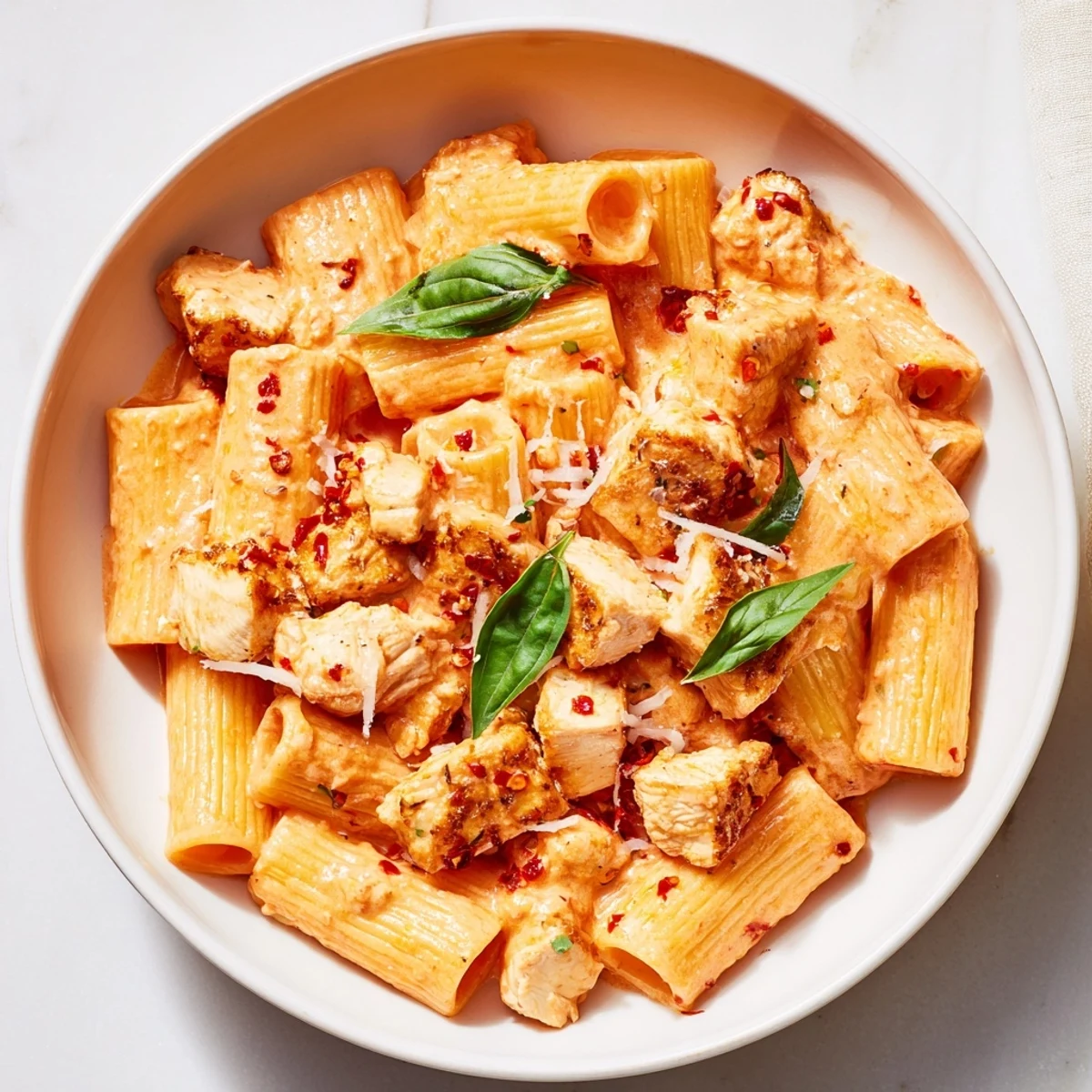 Creamy Spicy Vodka Chicken Pasta showcasing tender chicken and a red sauce, served hot.