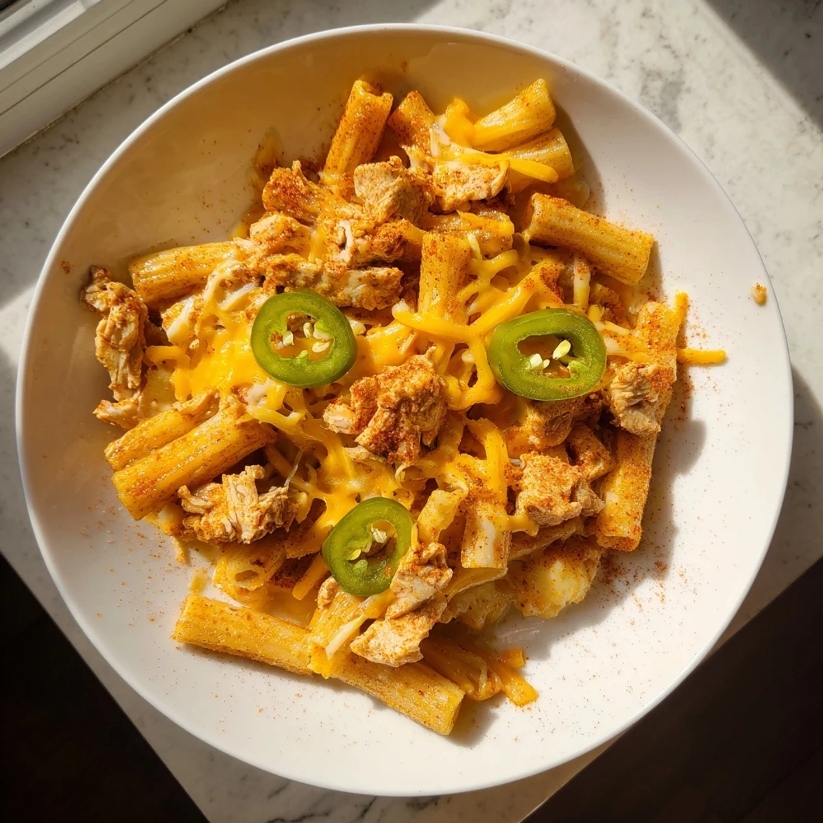 These loaded Pasta Chip Nachos feature a vibrant medley of toppings atop crunchy air-fried pasta.