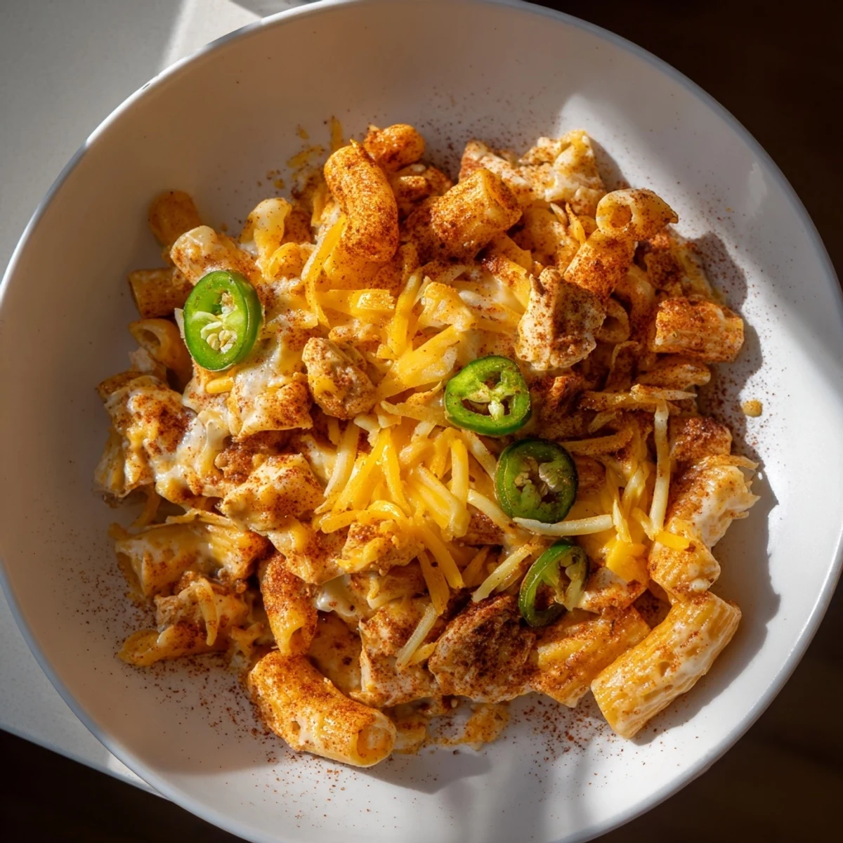 Pasta Chip Nachos brimming with melted cheddar, juicy taco chicken, and crispy golden pasta.