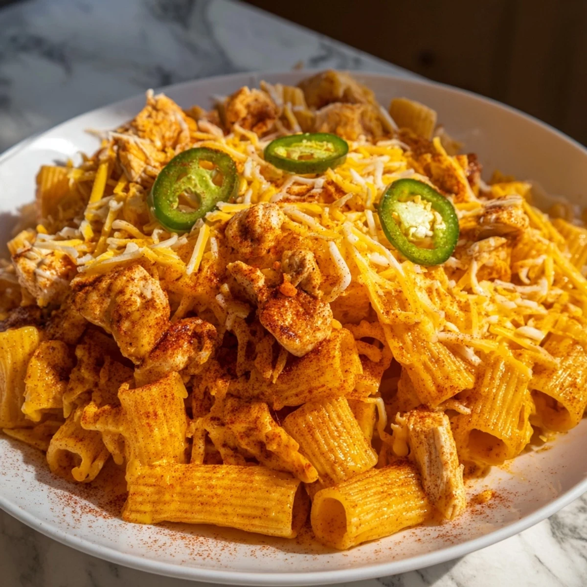 Sharing-sized Pasta Chip Nachos arrive, with spicy jalapeños, cooling sour cream, and fresh cilantro sprinkled on top.