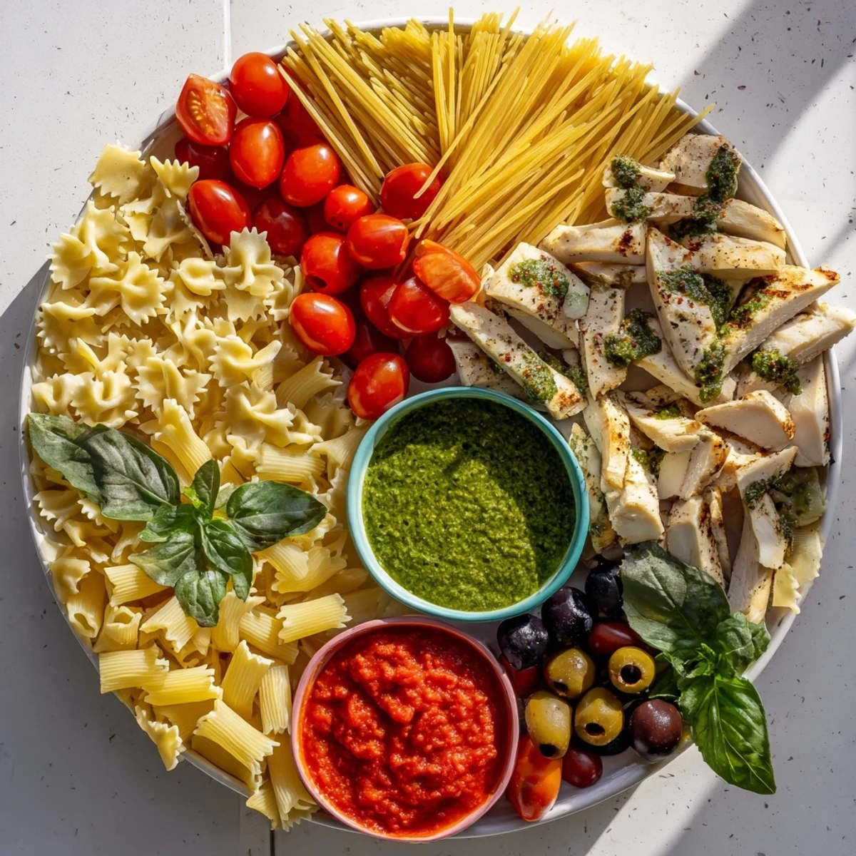 A close-up of Girl Dinner Pasta Board, showcasing grilled chicken next to three pasta types and flavorful dips.