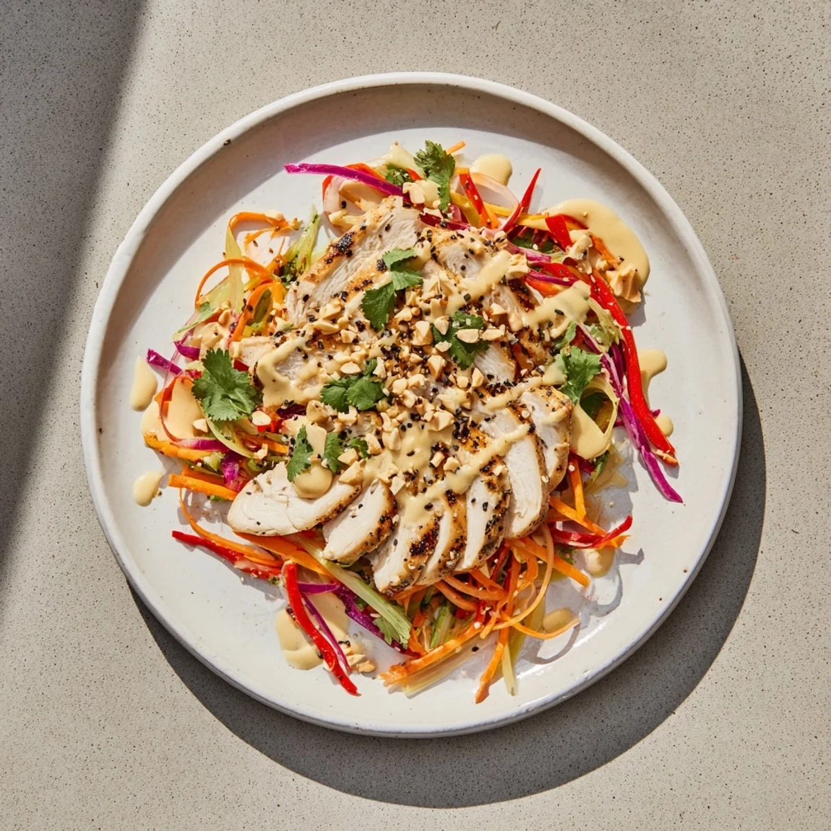 Freshly made Carrot Ribbon and Chicken Slaw bursting with crunch, topped with sesame seeds and peanuts.