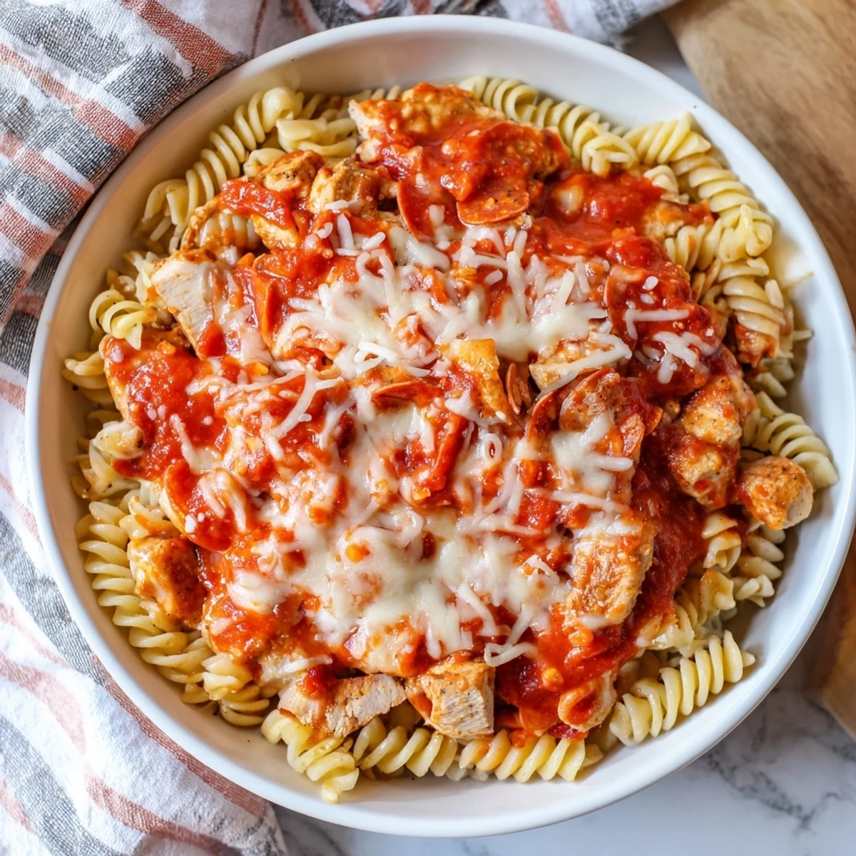 Tender rotini pasta and pepperoni combined for delicious One-Pan Pizza Pasta topped with bubbly cheese in a pan.