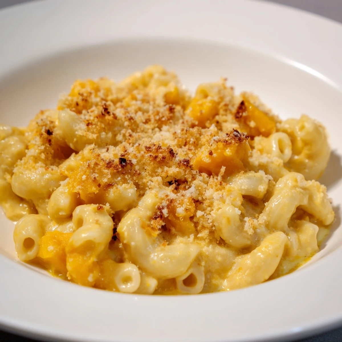 Golden-brown Butternut Squash Mac, a creamy, cheese-covered main dish ready to serve.