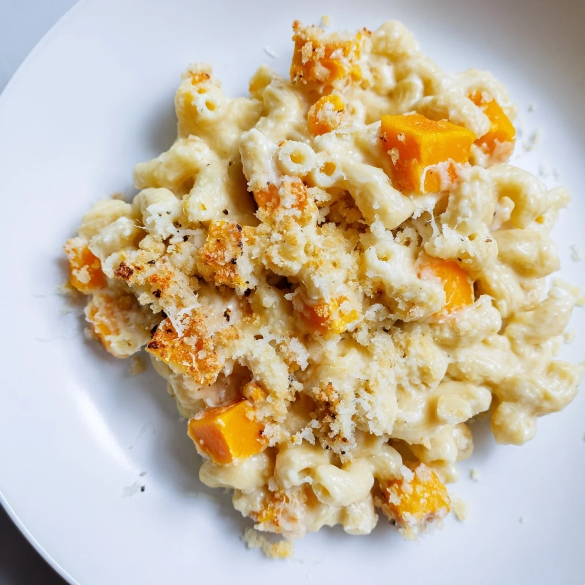 Comforting Butternut Squash Mac, with tender pasta and a vibrant, orange-hued squash sauce.