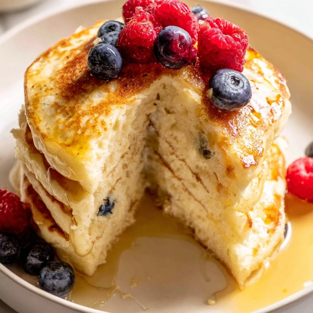 Golden-brown Lemon Ricotta Pancakes topped with fresh berries and drizzled with maple syrup.