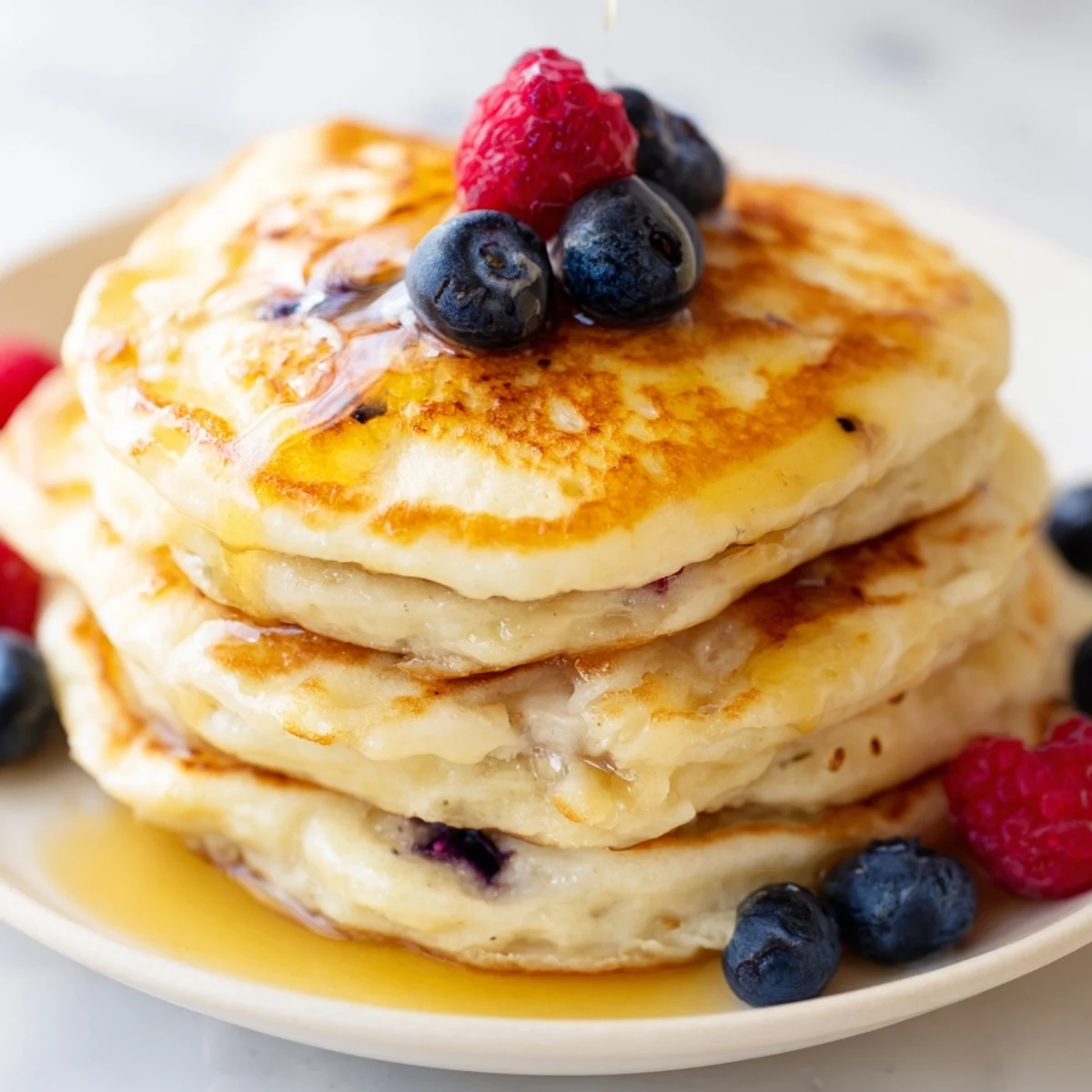 Close-up image of a stack of Lemon Ricotta Pancakes, showing their creamy, delightful texture.