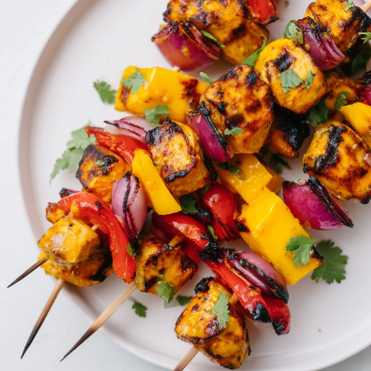 Close-up of golden-brown Mango Lime Chicken Skewers, showcasing the marinade's delicious char.