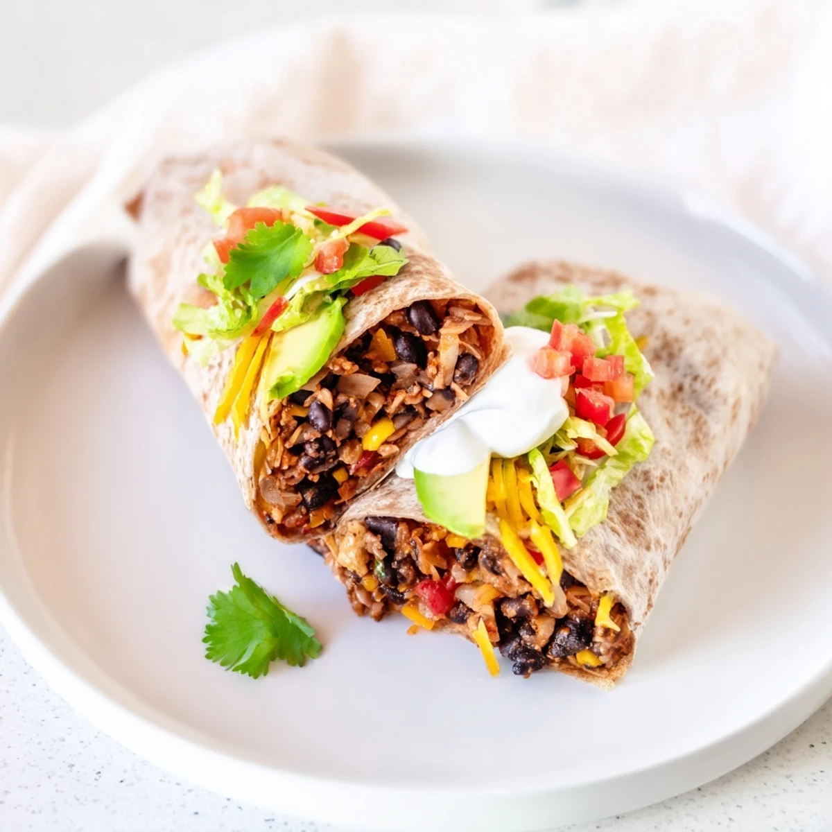 Steaming Smoky Black Bean Burrito, overflowing with colorful veggies and creamy avocado, ready to eat.