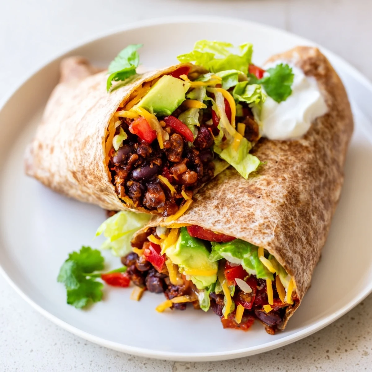 Close-up of a flavorful Smoky Black Bean Burrito, filled with black beans, vegetables, and melting cheese.
