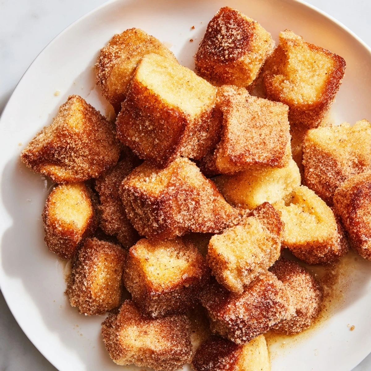 Warm, cinnamon-sugared French Toast Cereal, capturing the delicious essence of mini bread bites after frying.