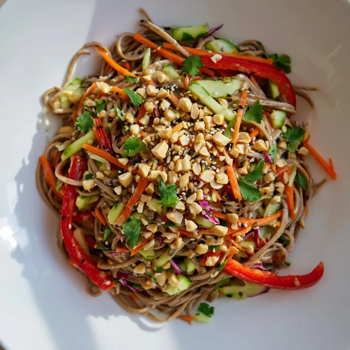 Vibrant Cold Noodle Salad with Sesame-Ginger Dressing, tossed with crisp veggies and savory dressing.