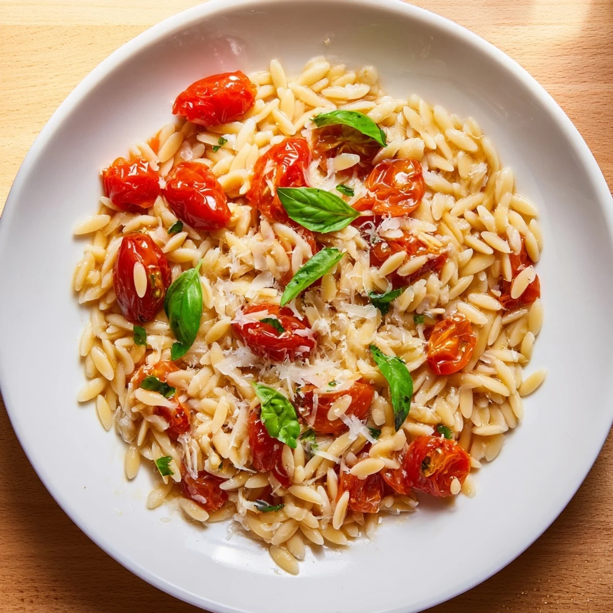 Creamy orzo tomato Parmesan, with grated cheese and bright red tomatoes, ready to serve.