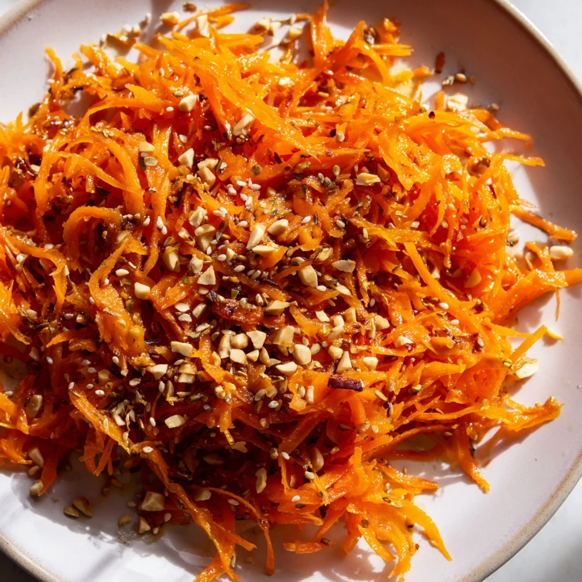 Vibrant Spicy Carrot Salad with shredded carrots, a tangy dressing, and toasted sesame seeds.