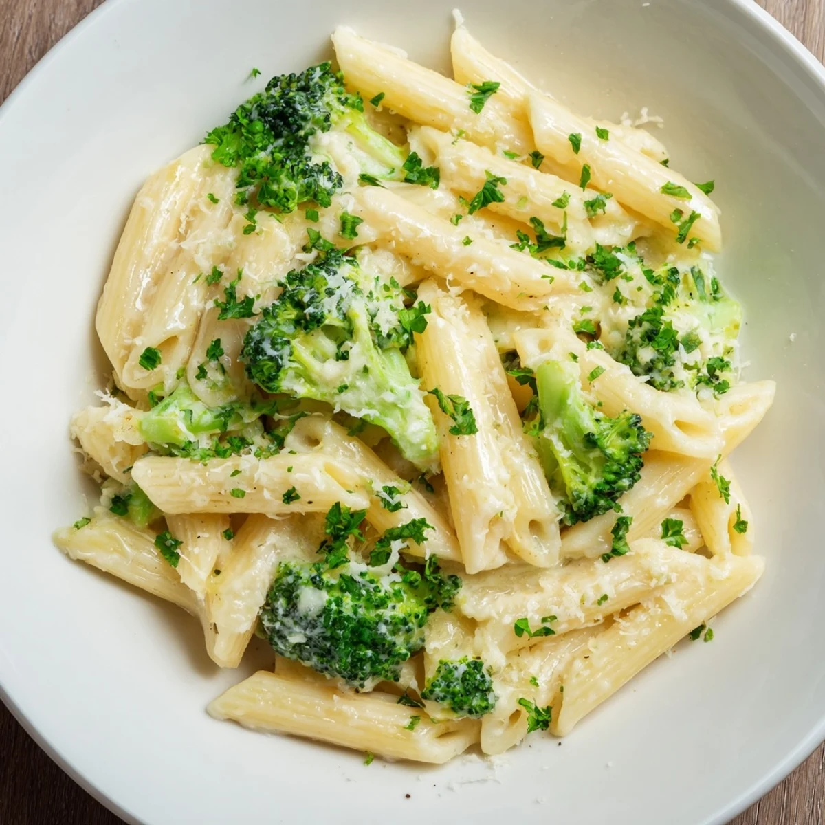 Close-up of creamy Cream Cheese Garlic Pasta with vibrant green broccoli florets and freshly grated Parmesan cheese.