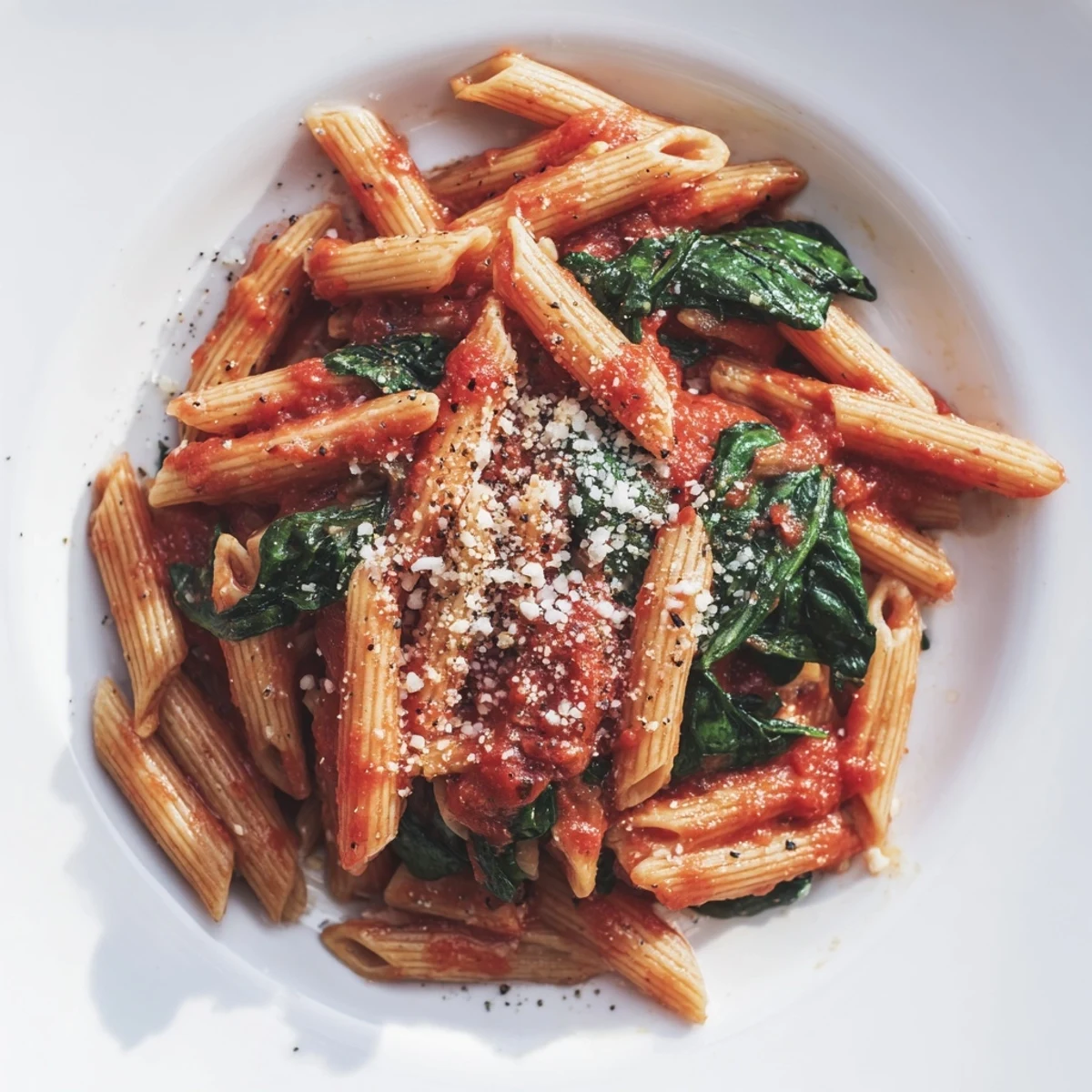 Quick Marinara Pasta with spinach, steaming hot on a white plate, ready for a comforting weeknight meal.