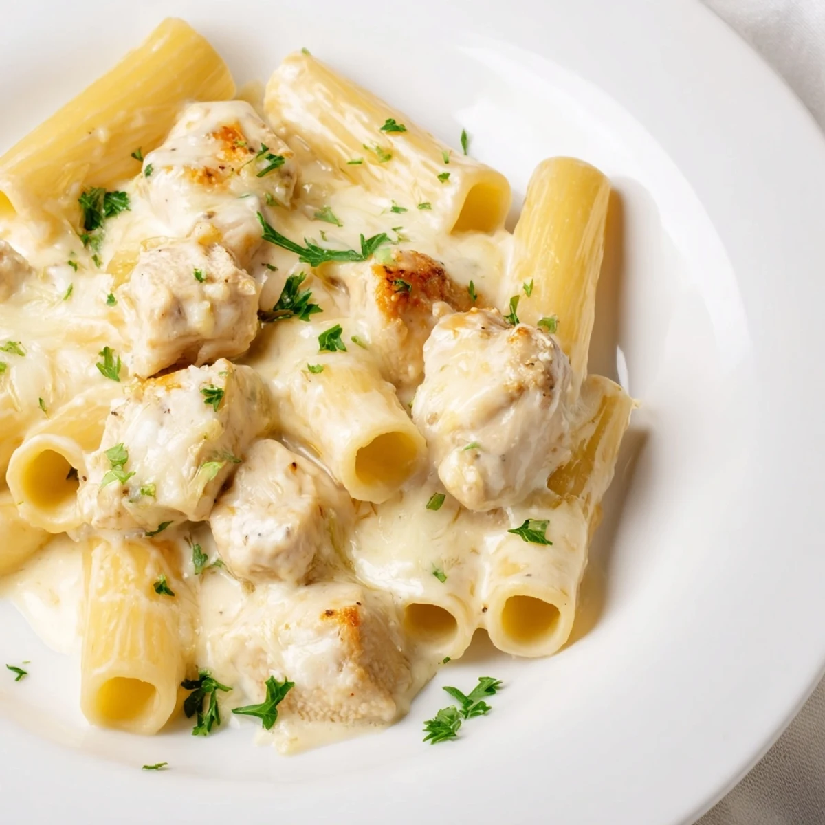 Bubbling melted cheese tops a freshly baked Chicken Alfredo Bake, creamy and delicious looking.