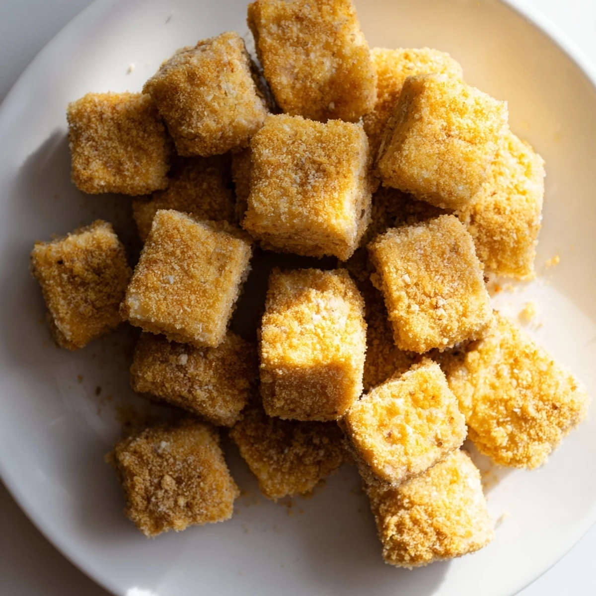 Golden and crispy, these homemade tofu nuggets look delicious and are served with dipping sauce.