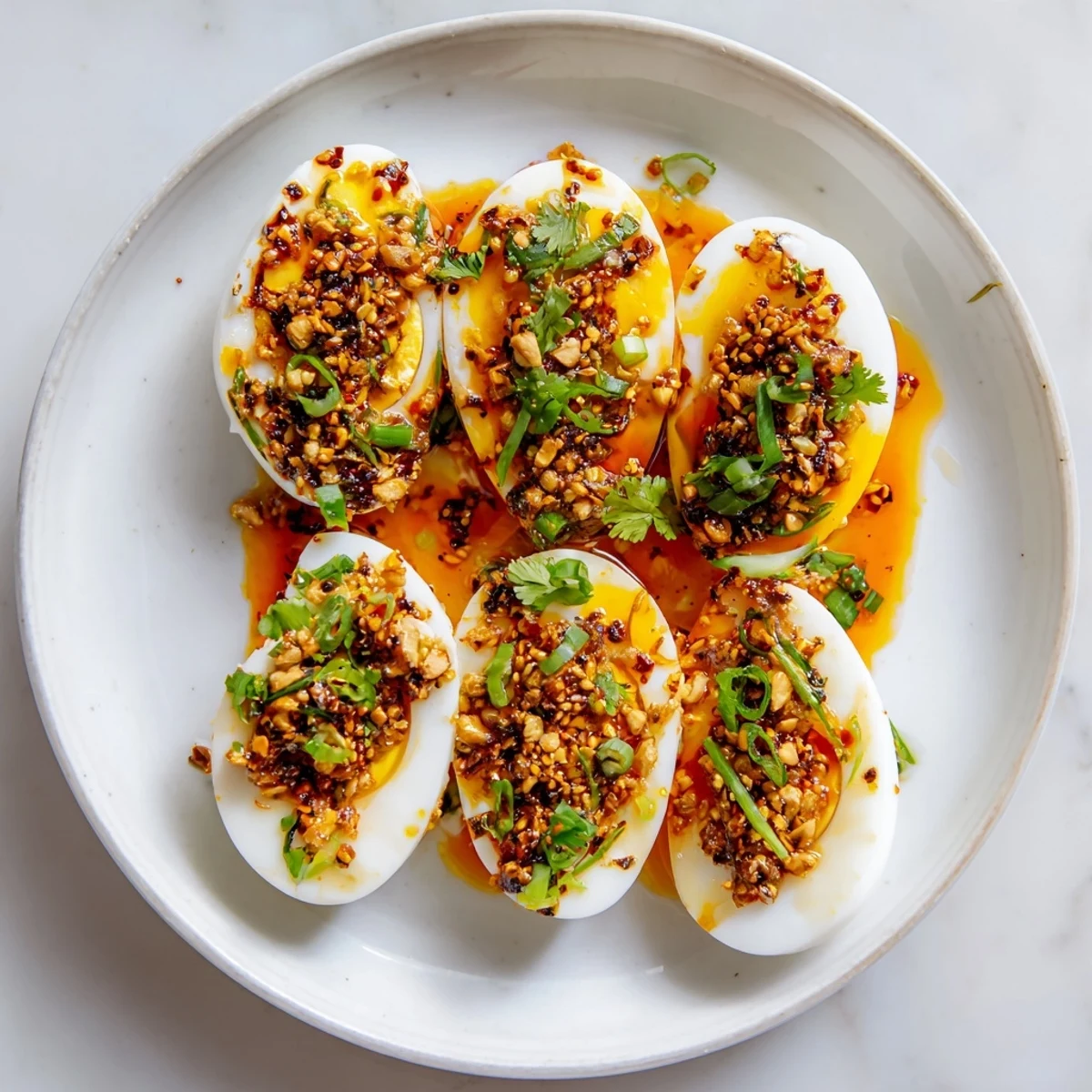 Close-up of perfectly jammy Chili Oil Eggs, glistening with spicy chili oil and sesame seeds.