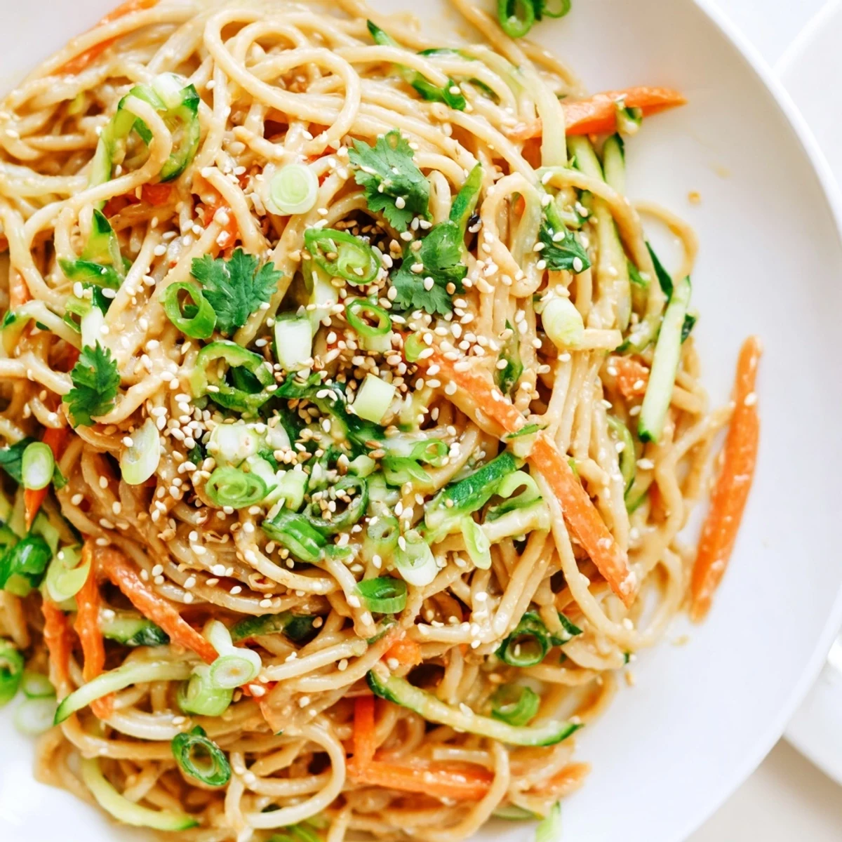 Cold sesame noodles, coated in a creamy sauce, are topped with crisp veggies for a light meal.