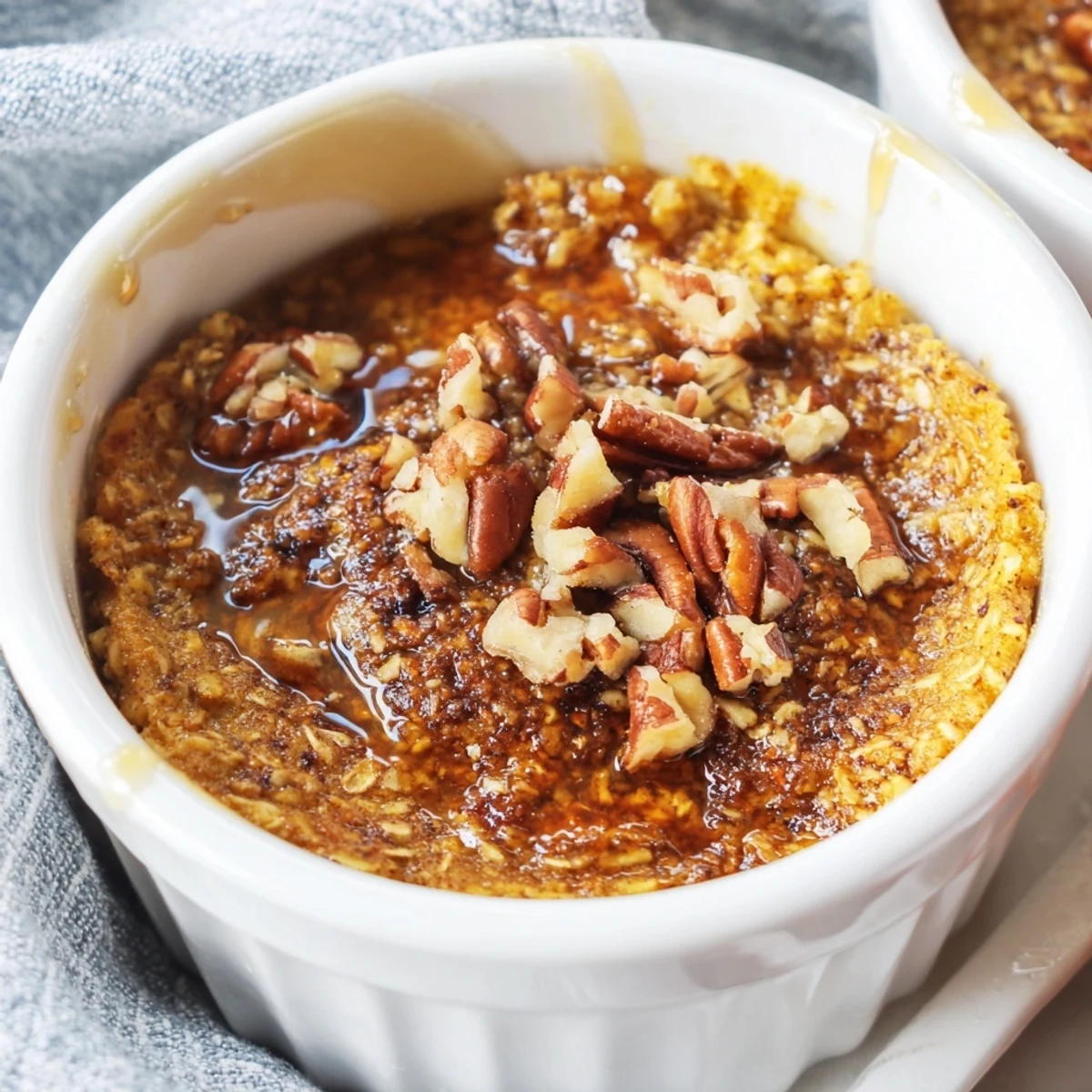 Steaming pumpkin spice baked oats, warm and inviting, perfect for a cozy fall breakfast or brunch.