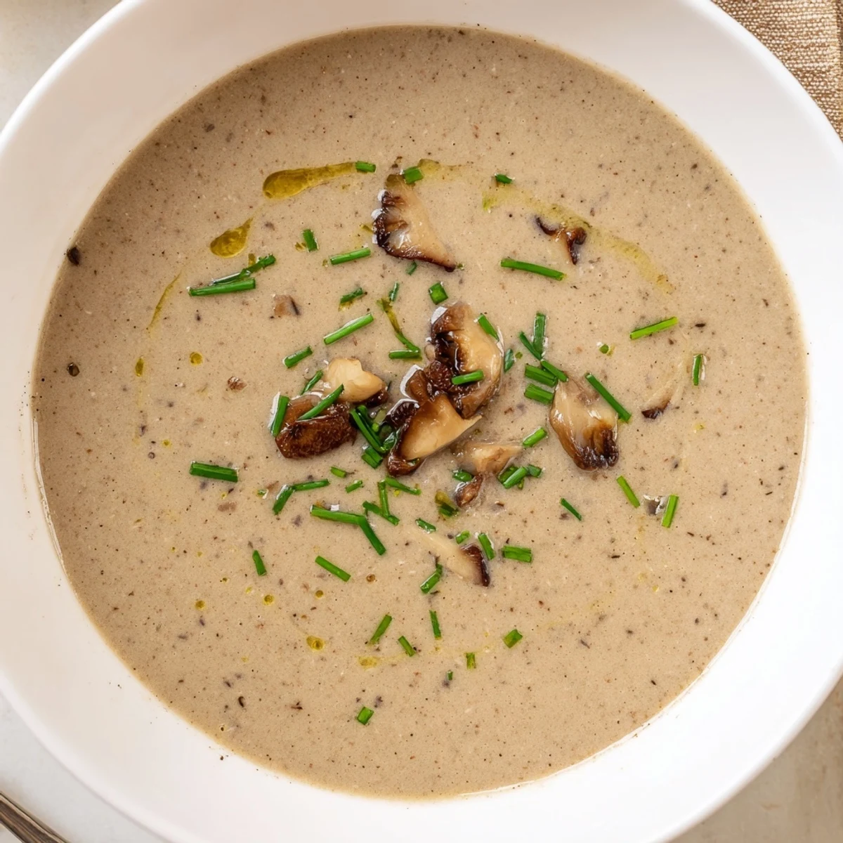 A close-up shot of rich creamy mushroom bisque, showcasing its velvety texture, perfect for serving.