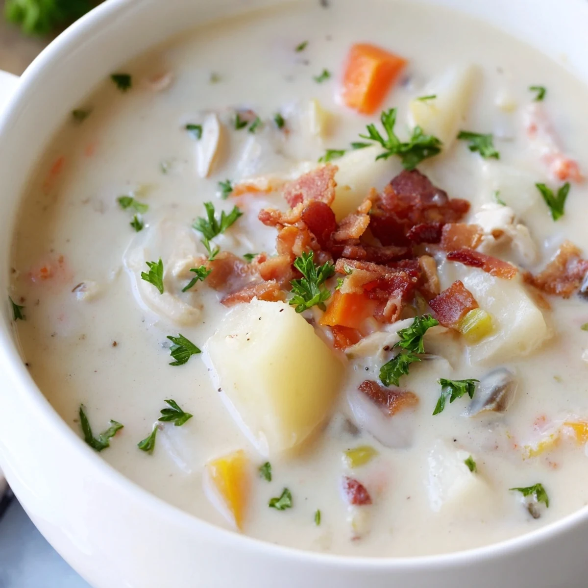 Steaming hot New England Clam Chowder, creamy and thick, garnished with fresh parsley, ready to enjoy.