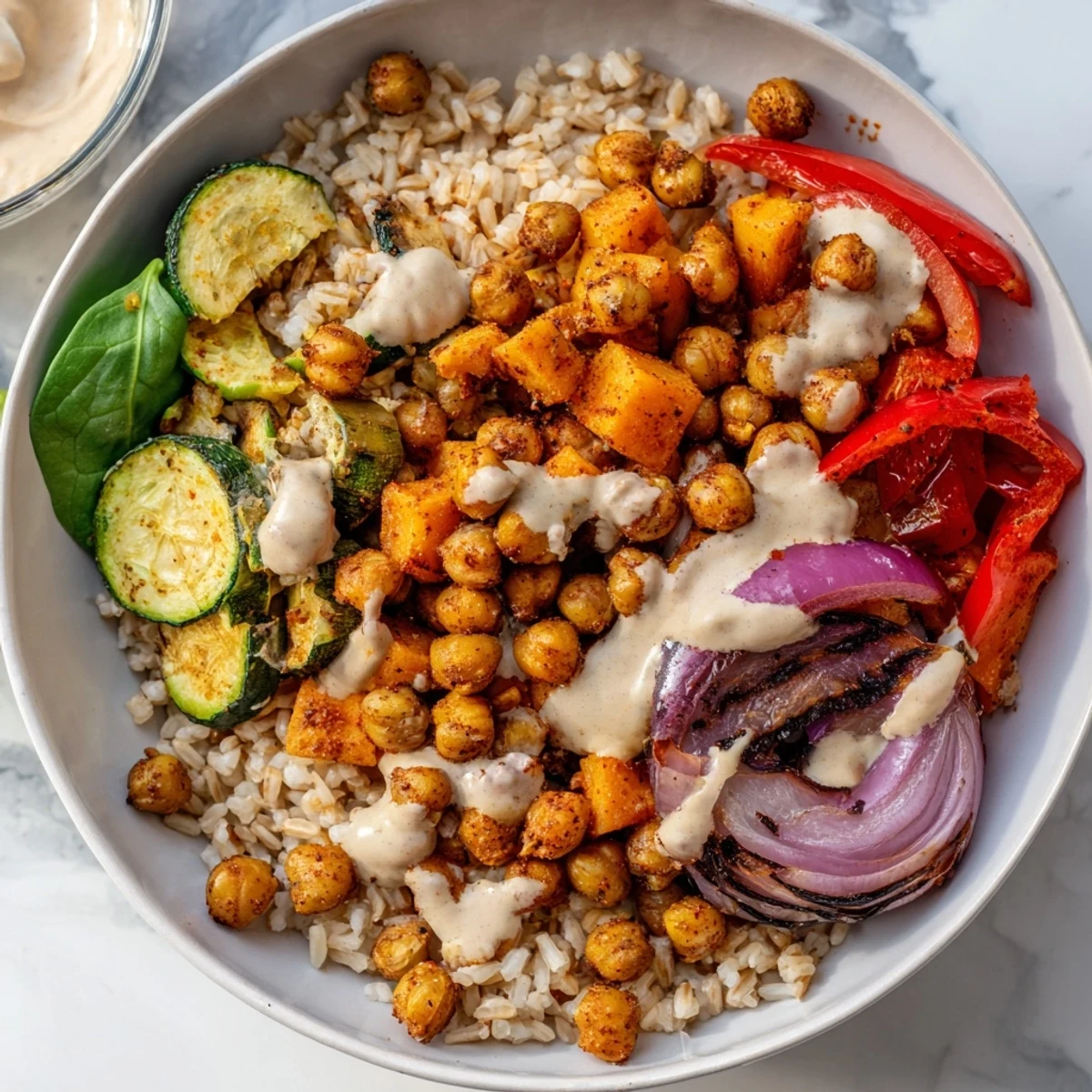 Imagine a delicious Roasted Chickpea Buddha Bowl, each bite offering contrasting textures and tastes, served warm.
