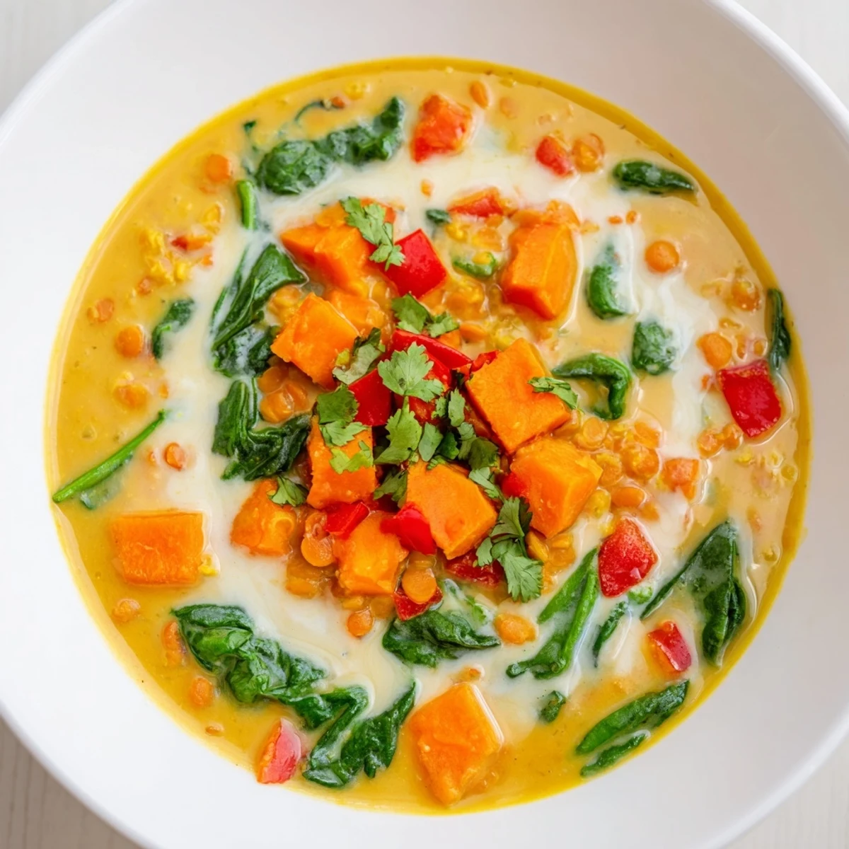 A steaming bowl of flavorful Lentil Red Curry Soup garnished with fresh cilantro and lime wedges.