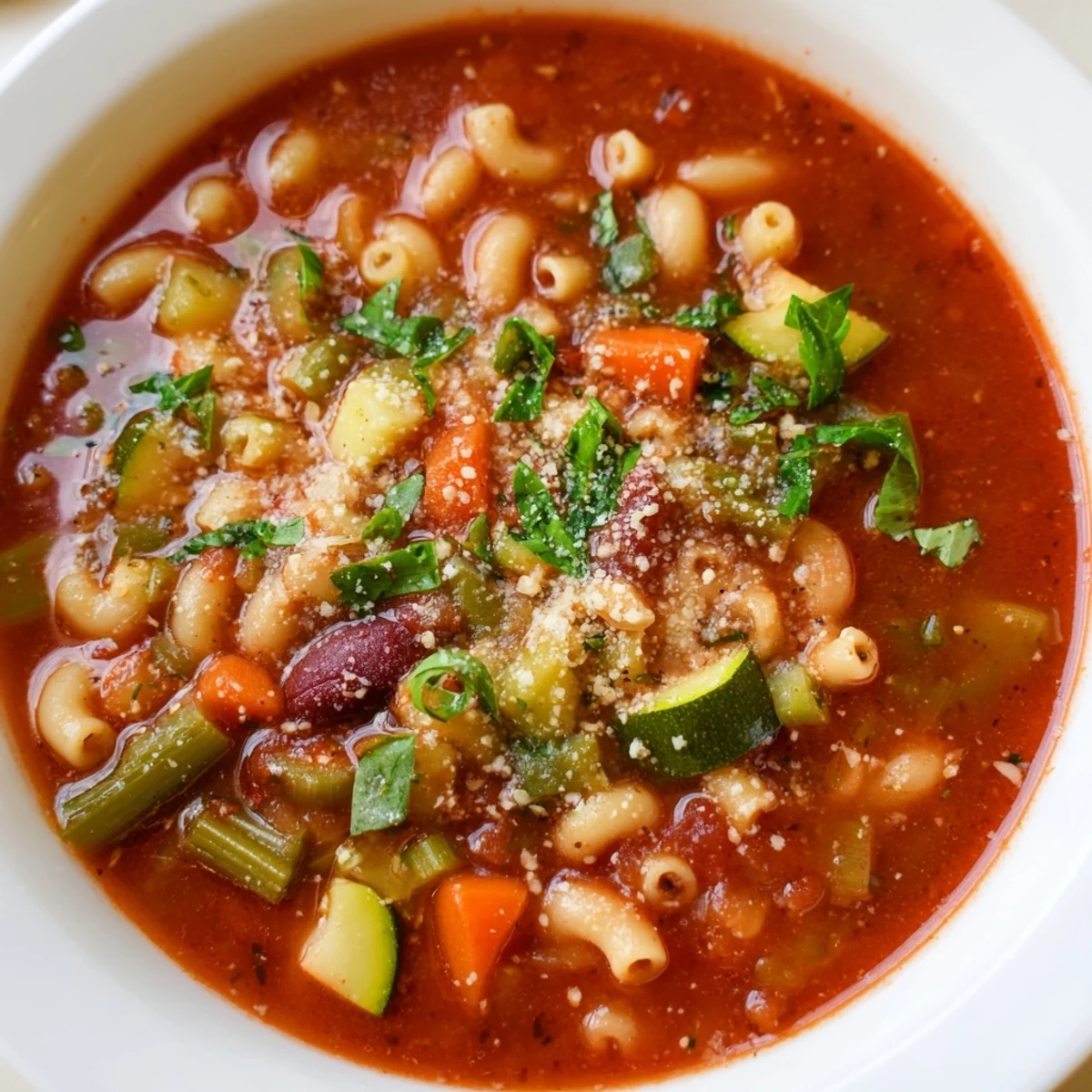 Steaming bowl of Tomato Basil Minestrone, filled with colorful vegetables and pasta, ready to enjoy.