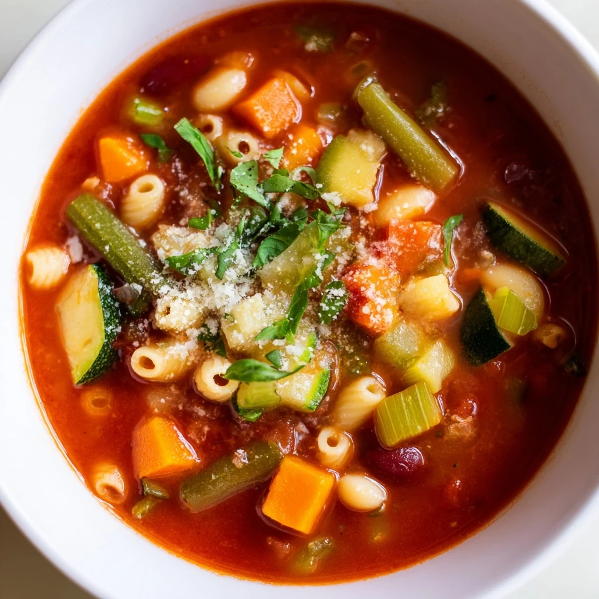 Close-up of a rustic bowl of Tomato Basil Minestrone, a hearty Italian soup, served with crusty bread.