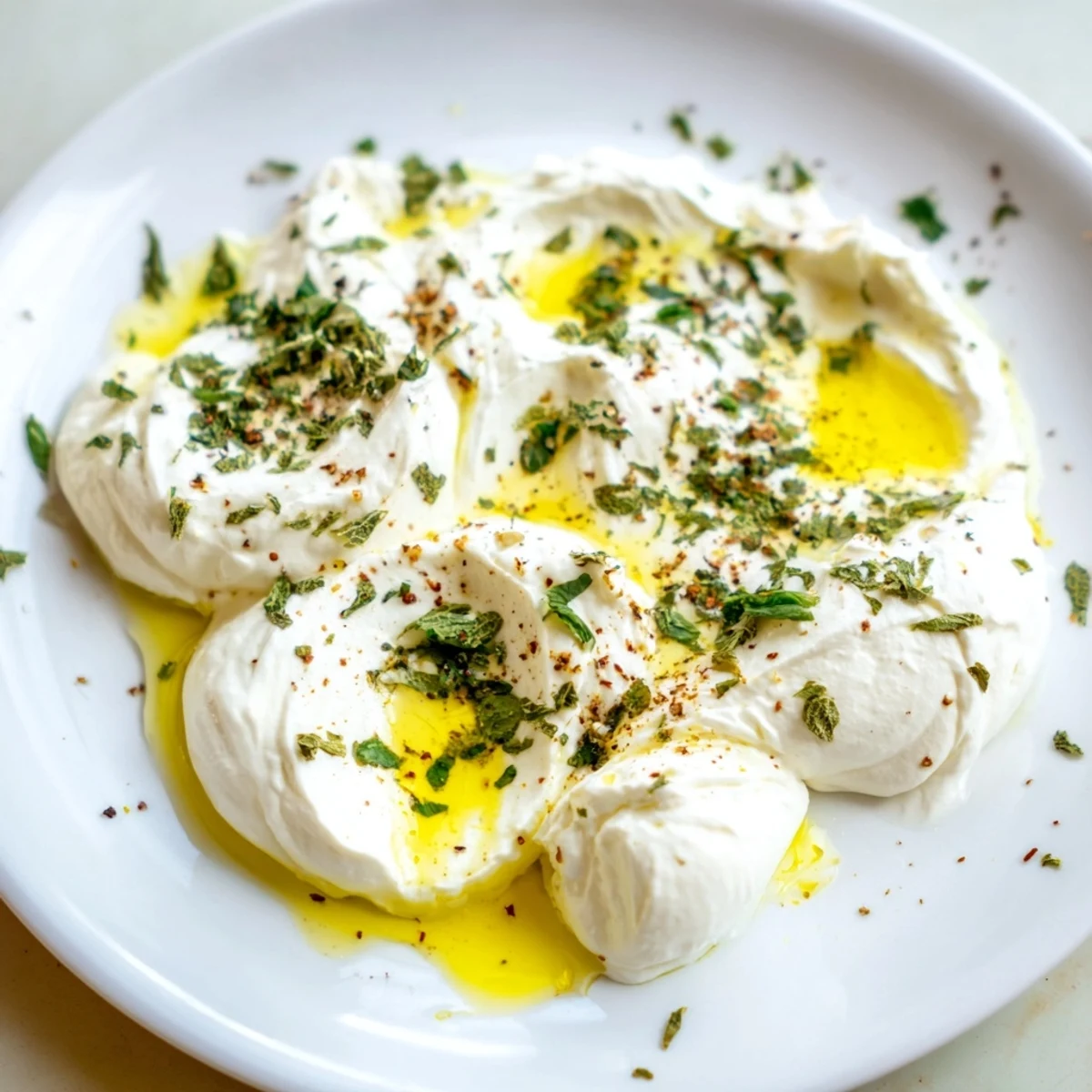 Close-up of a bowl filled with tangy Levantine labneh, beautifully garnished with herbs and oil.