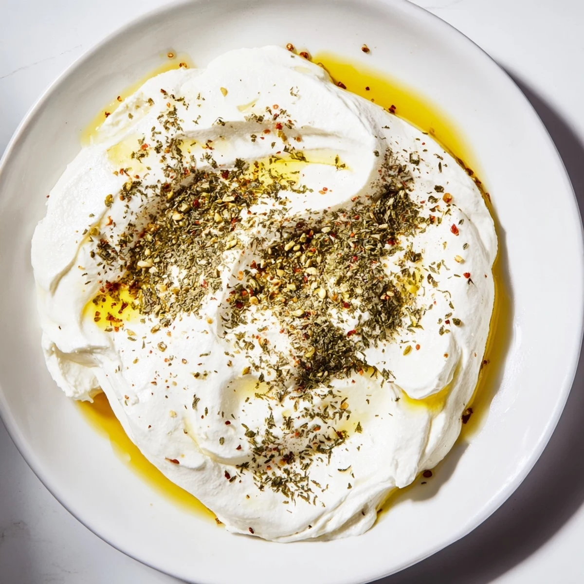 Creamy, homemade Levantine labneh cheese drizzled with olive oil, ready for serving with pita bread.