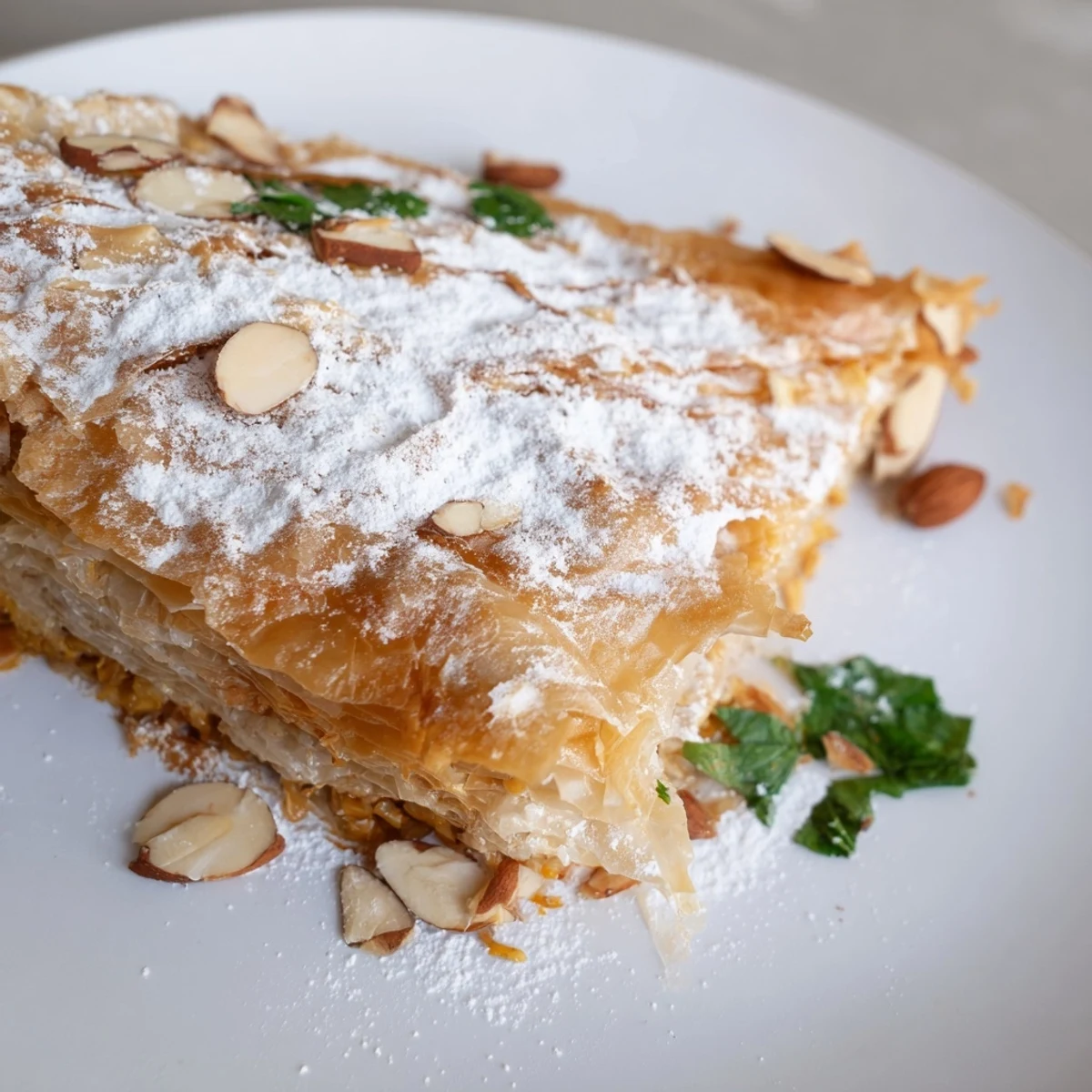 Crispy phyllo layers surrounding a delicious chicken filling in this homemade Moroccan Pastilla Pie, ready to eat.