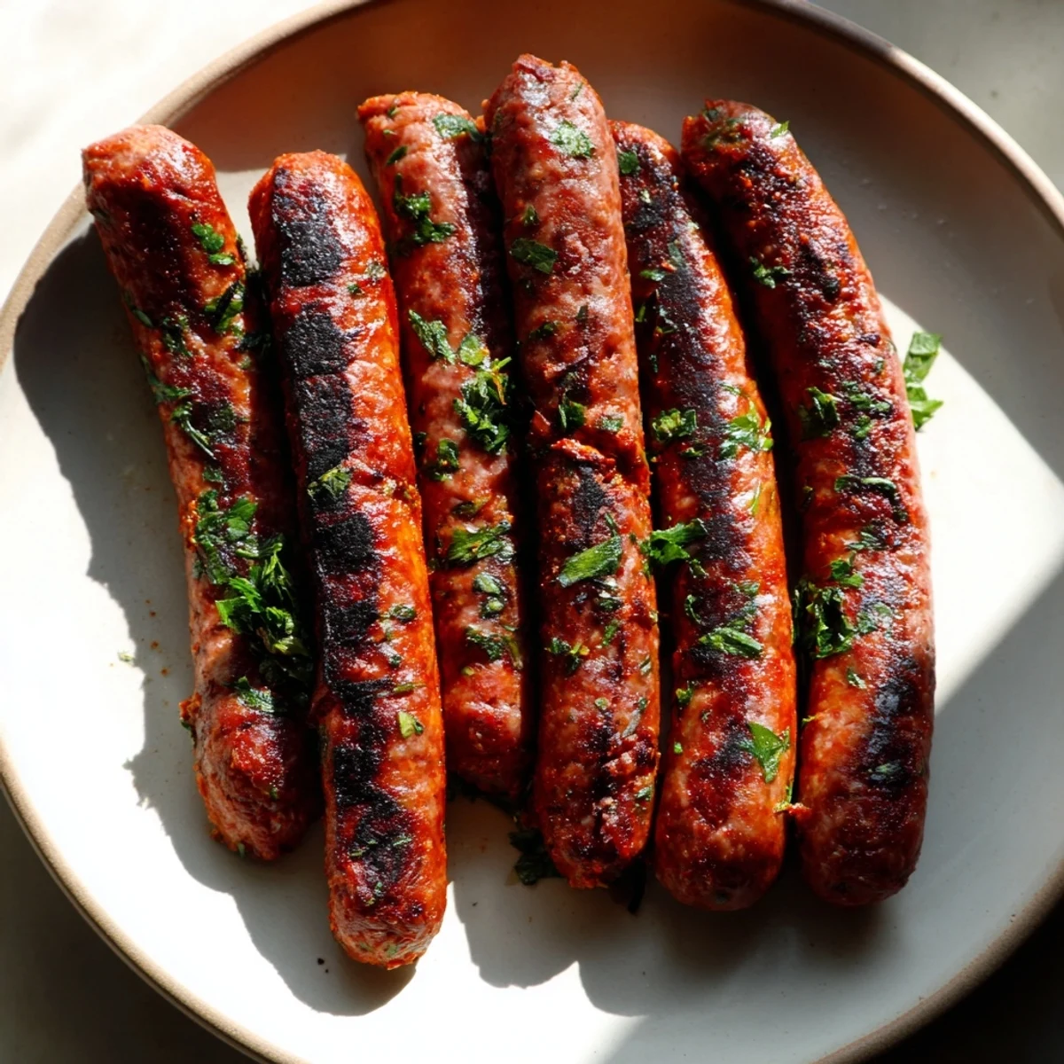 Smoky grill marks adorn juicy Tunisian Merguez sausage, perfect for a flavorful North African dinner.