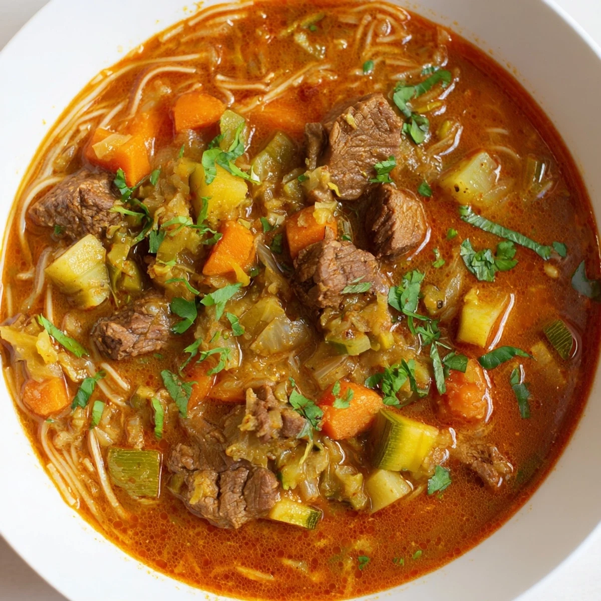 A steaming bowl of Algerian Chorba, featuring tender lamb, vegetables, and aromatic spices ready to be enjoyed.