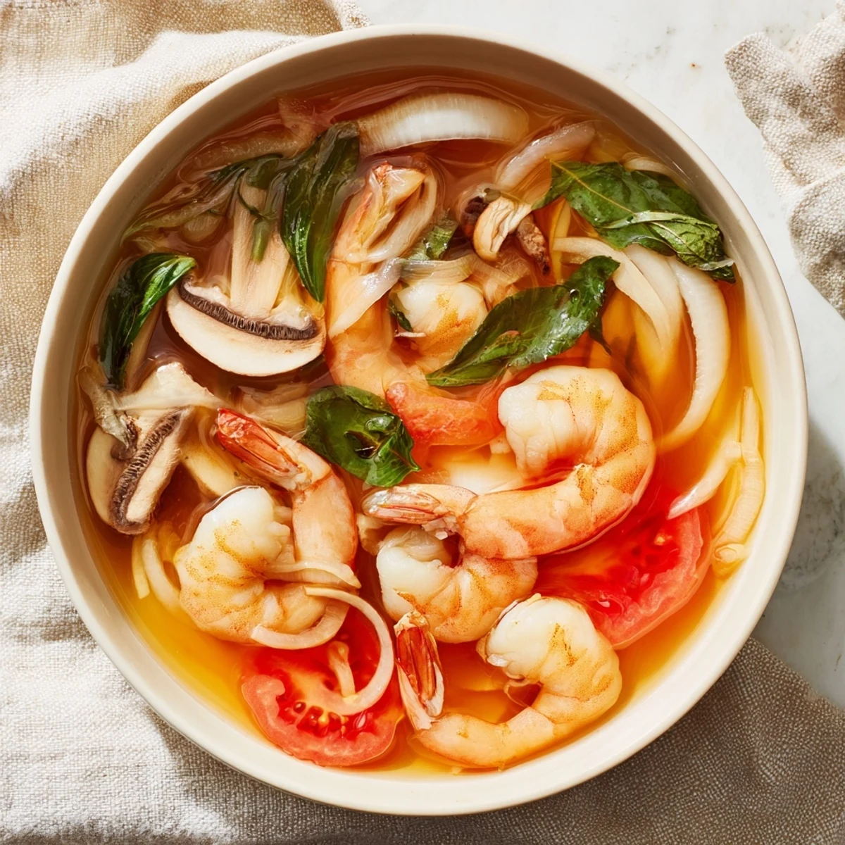 Bright red Spicy Tom Yum Soup with shrimp, mushrooms, and tomatoes simmering in a flavorful broth.