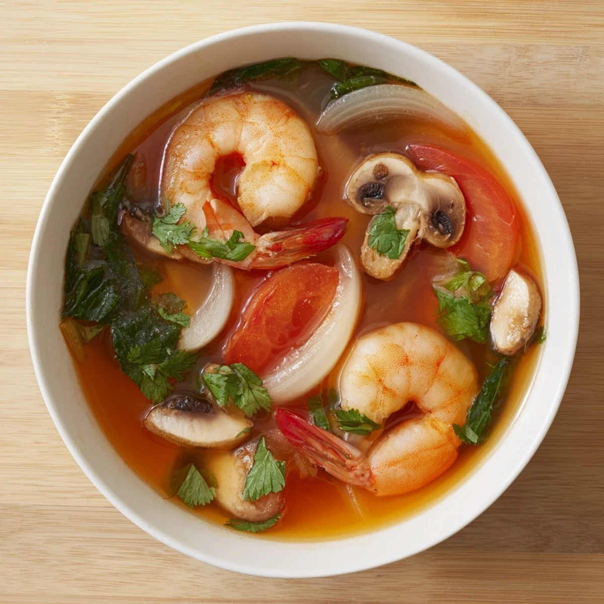 Vibrant Spicy Tom Yum Soup photo ready to eat, served with fresh green onions and lime slices for zest.