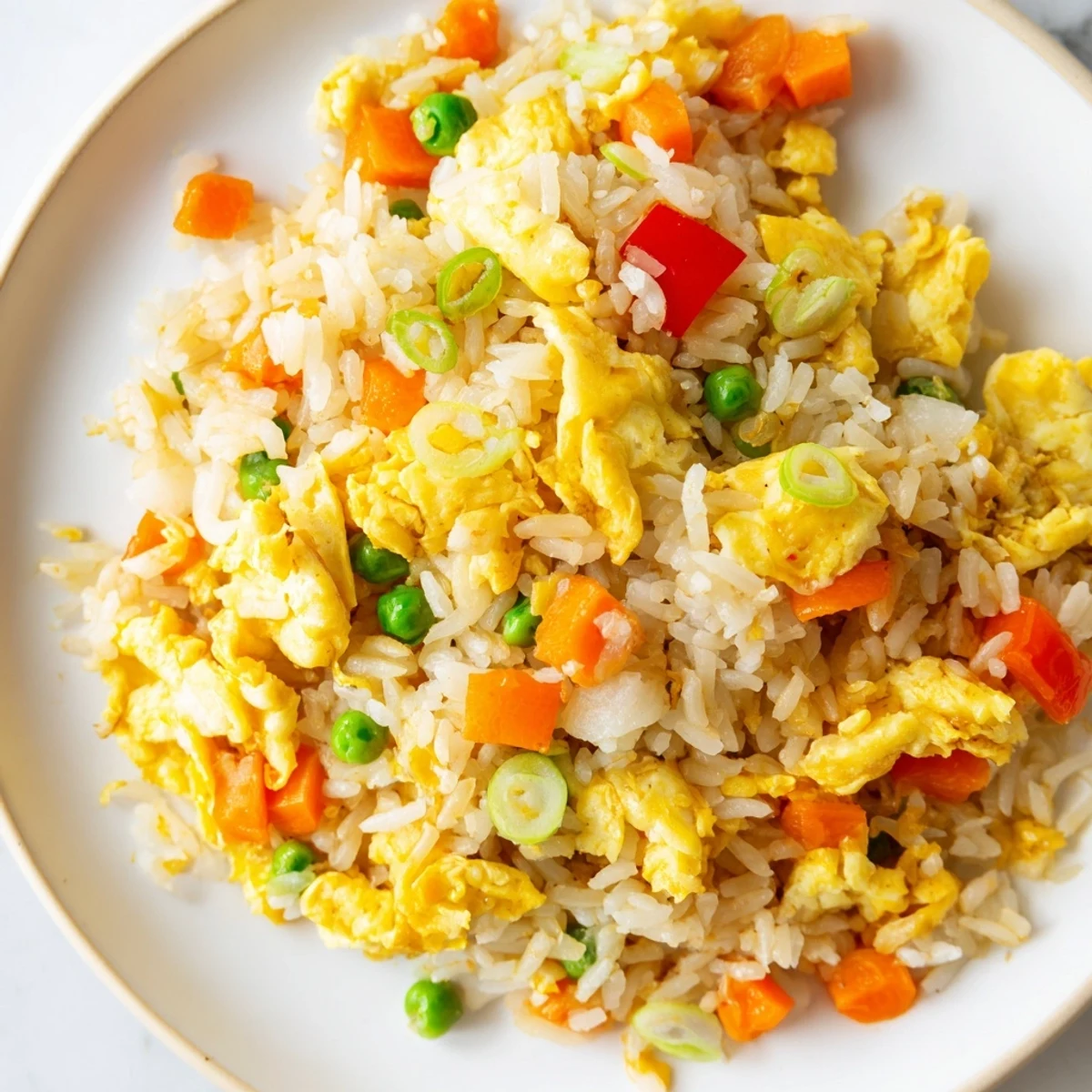 A close-up of classic Egg Fried Rice with glistening soy sauce, scallions, and tender vegetables ready to eat.  