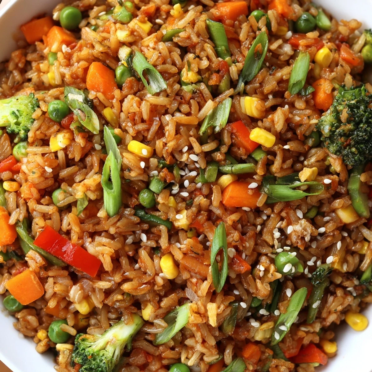 Homemade Vegetable Fried Rice served steaming hot, garnished with sliced green onions and toasted sesame seeds.  