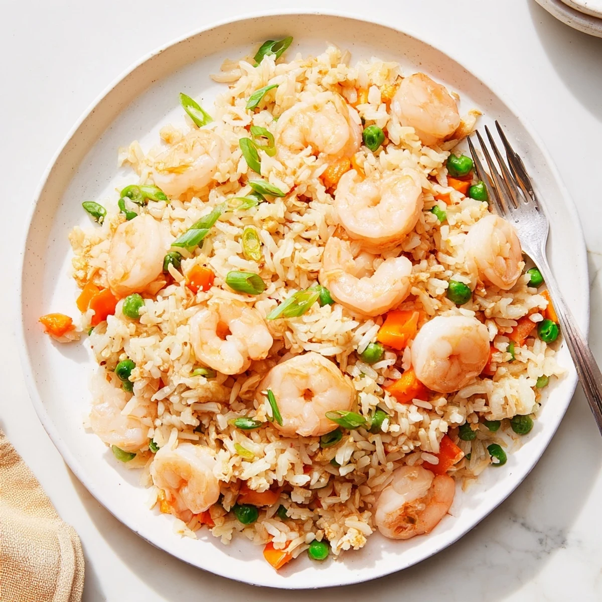 Golden shrimp and fluffy jasmine rice sizzle in a wok with minced garlic, diced carrots, and vibrant peas for a quick, savory meal.