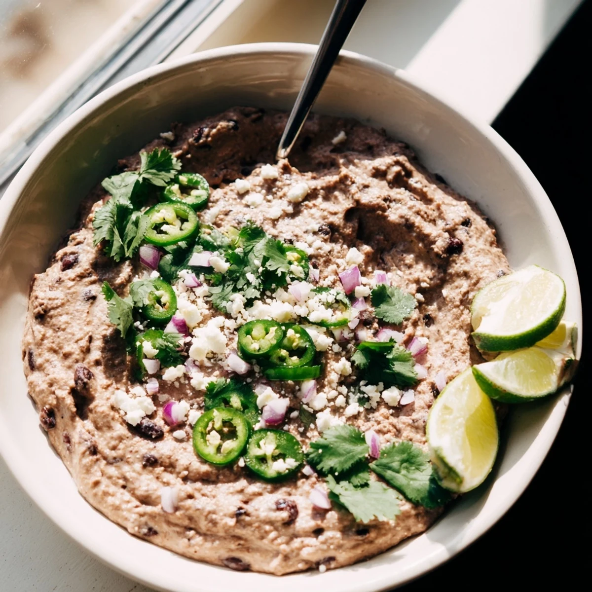 Freshly blended Spicy Black Bean Dip in a rustic bowl, garnished with cilantro and a slice of jalapeño for extra heat.  