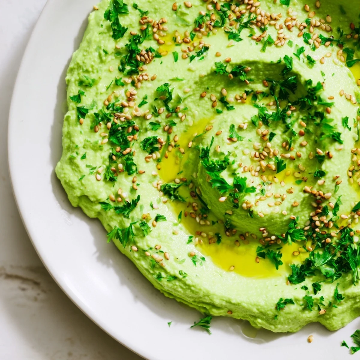 Creamy green Edamame Hummus is blended with tahini and lemon, served in a rustic bowl with fresh veggies for dipping.  
