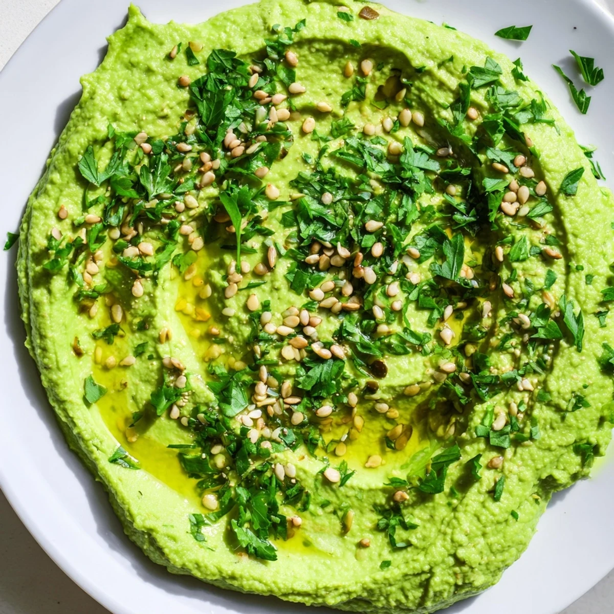 Bright, zesty Edamame Hummus is spooned from a bowl, showcasing its smooth texture and fresh parsley garnish for snacking.