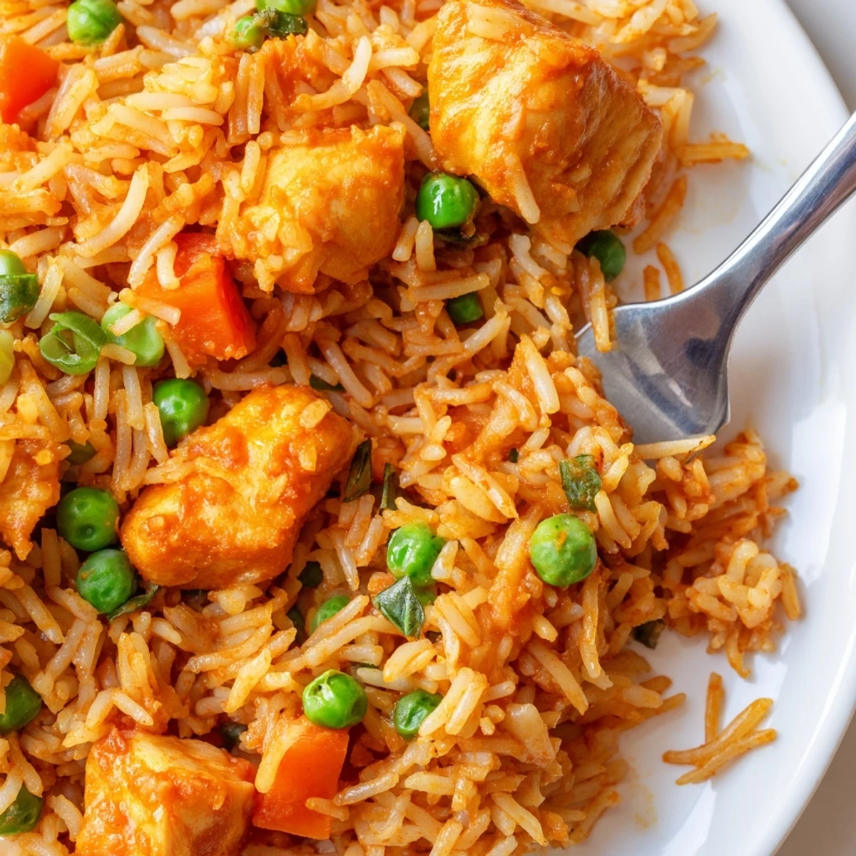 Golden fried rice tossed in a wok with savory butter chicken sauce, fresh herbs, and colorful veggies for a family-style meal.