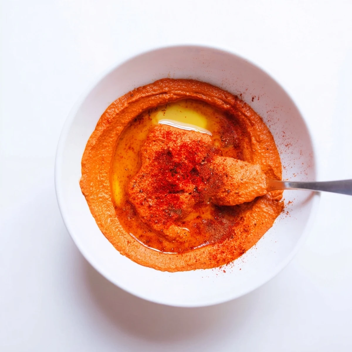 A bowl of homemade Roasted Red Pepper Hummus garnished with olive oil and paprika.