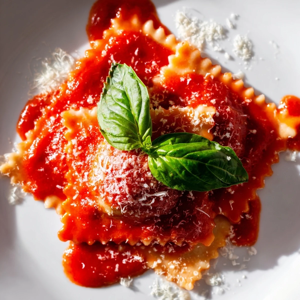 Homemade Spinach Ricotta Ravioli topped with marinara and fresh basil, ready to serve with a glass of white wine.