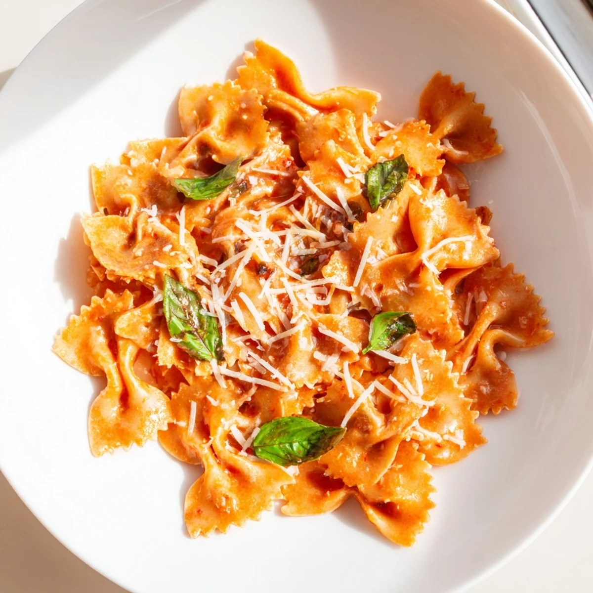 Freshly cooked Tomato Basil Bowtie Pasta swirls in a creamy, vibrant red sauce, garnished with torn basil leaves and grated Parmesan cheese for a comforting Italian main dish.  